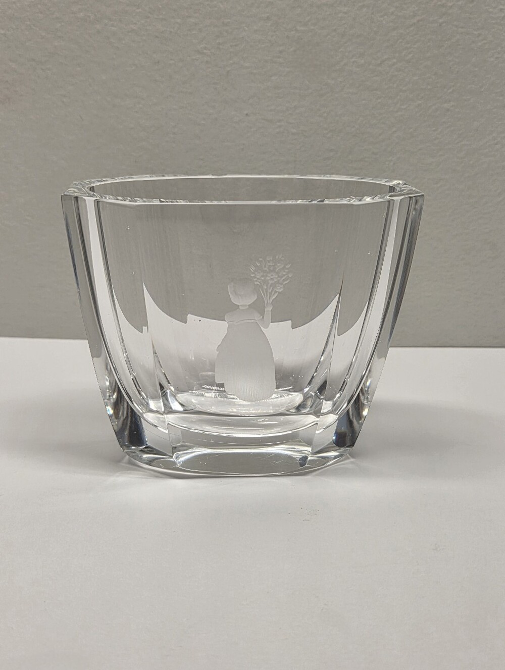 Vintage Orrefors Sweden Signed Etched Crystal Vase Girl With Flowers Small Chip